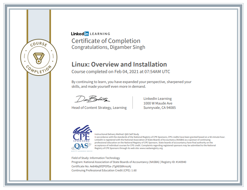Linux Overview certification by National Board of State Board of Accountancy (NASBA)